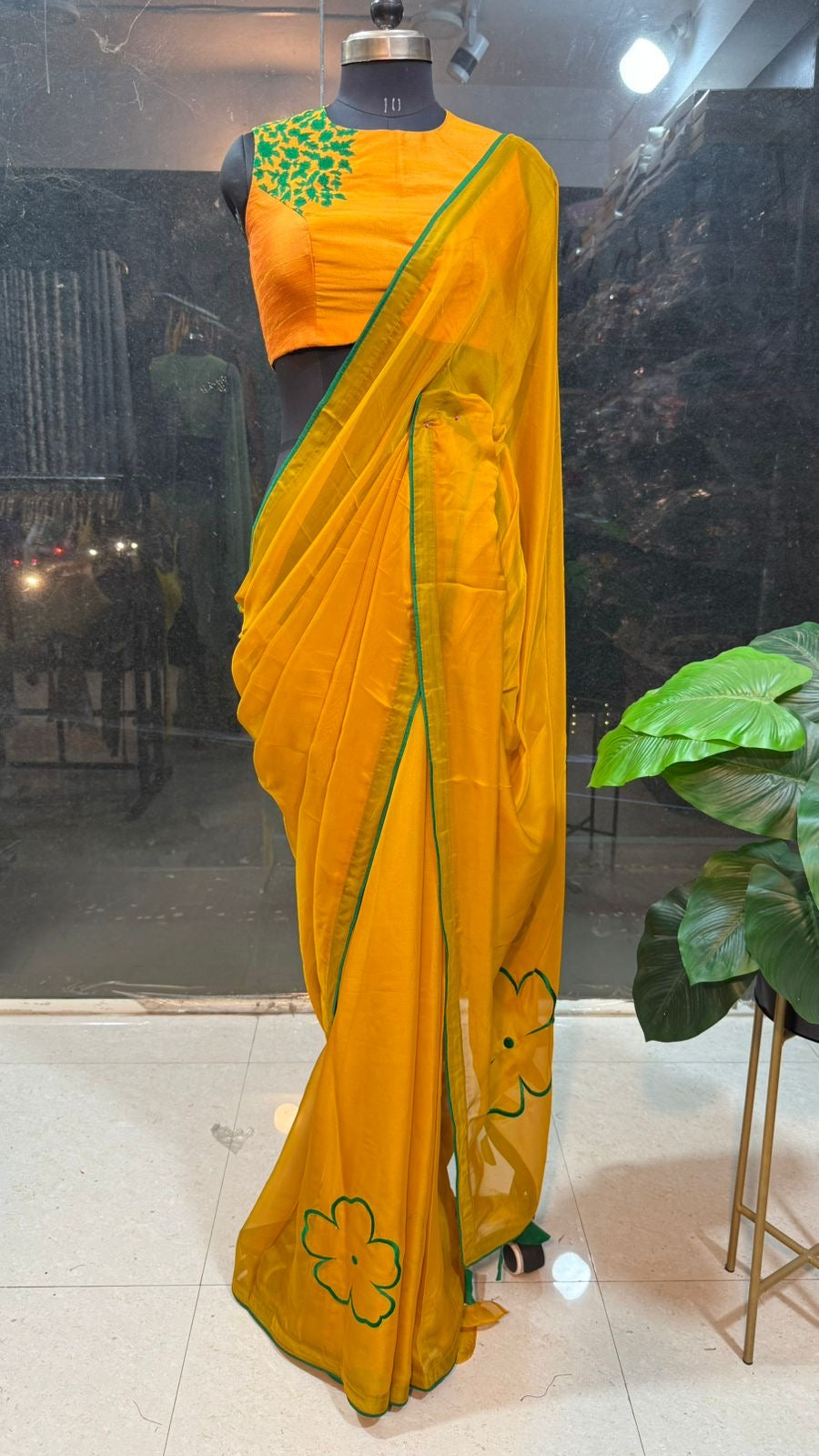 Mustard yellow soft organza saree with embroidery blouse