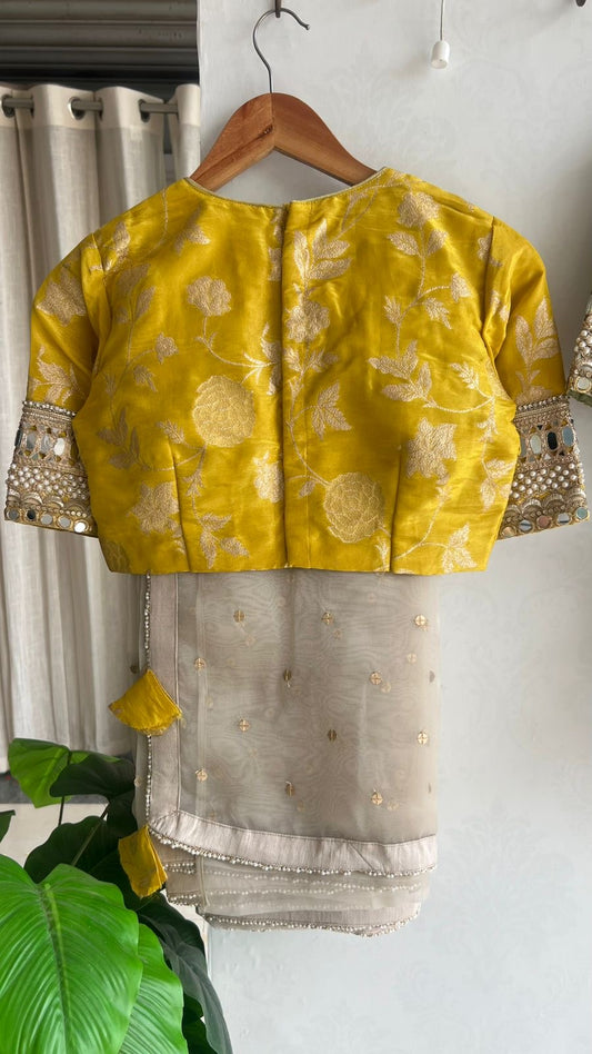 Silver grey organza saree with yellow banarasi blouse