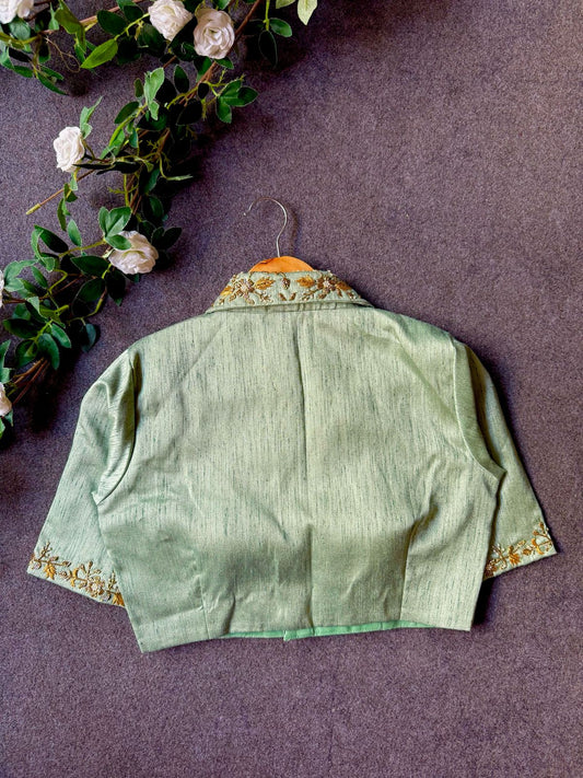 Pista green silk collar hand worked blouse