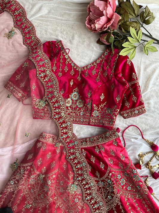 Red velvet heavy hand worked ethnic Lehenga