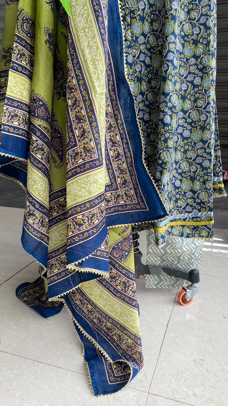 Blue & yellow cotton embroidery hand worked 3 piece kurti set - Threads