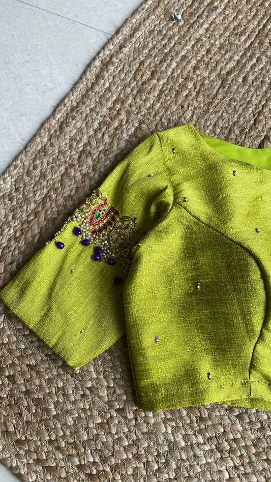 Parrot green silk embroidery hand worked blouse - Threads