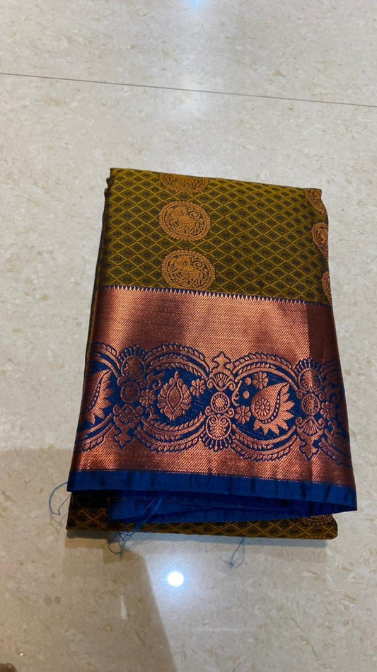 Mehandi green deep blue semi silk saree with blouse - Threads