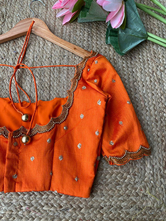 Orange Silk Scallope hand worked blouse - Threads