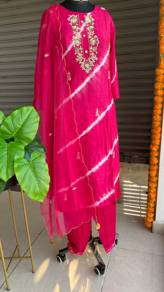 Pink tie and die muslin embroidery hand worked 3 piece kurti set - Threads