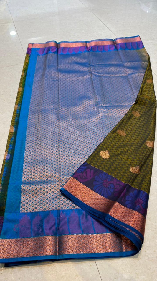 Mehandi green blue semi silk saree with blouse - Threads