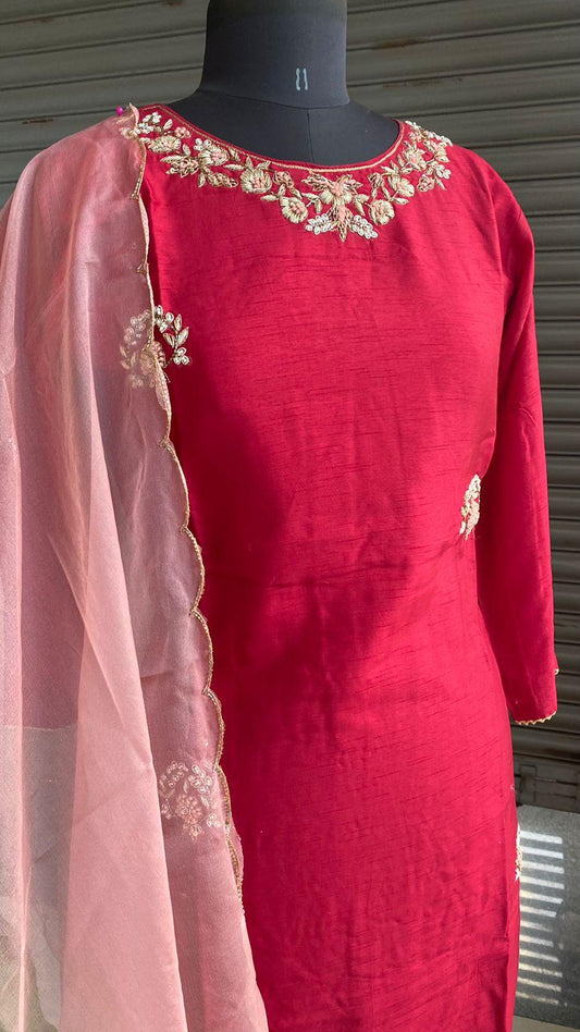 Maroon muslin silk embroidery hand worked 2 piece kurti set - Threads