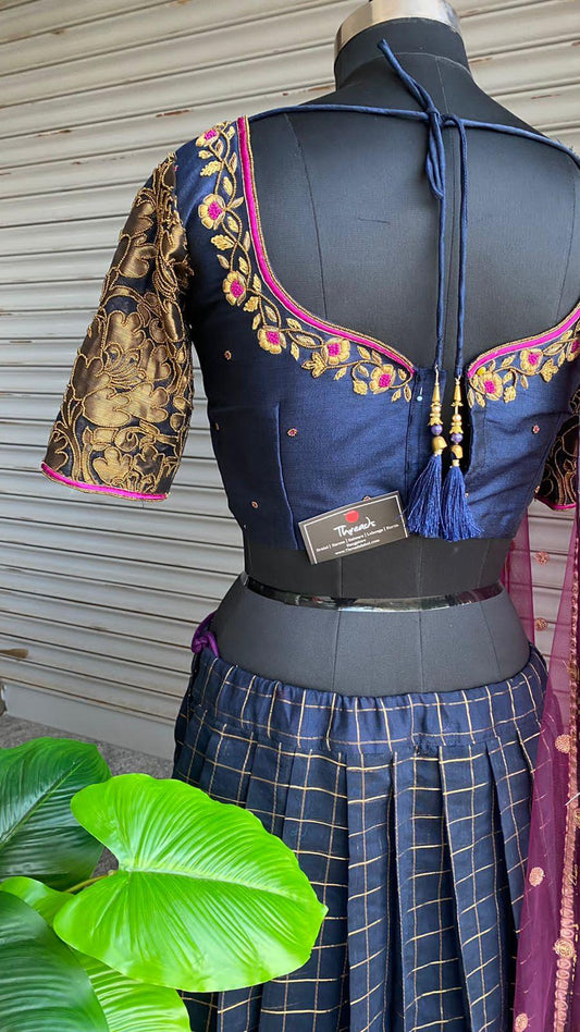 Midnight blue silk embroidery hand worked lehenga - Threads