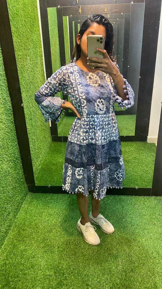 White and grey Cotton printed embroidery short kurti top - Threads