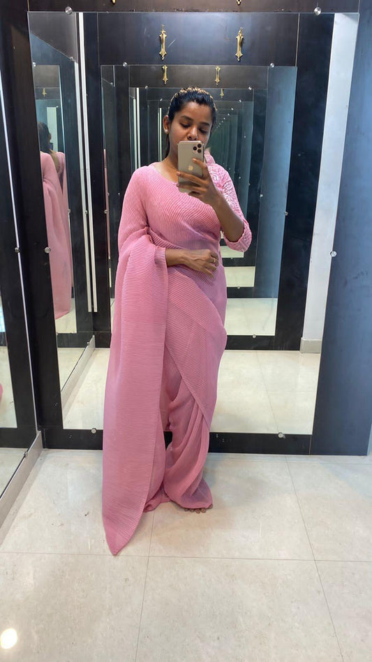 Onion Pink crushed saree with ready to wear Blouse - Threads