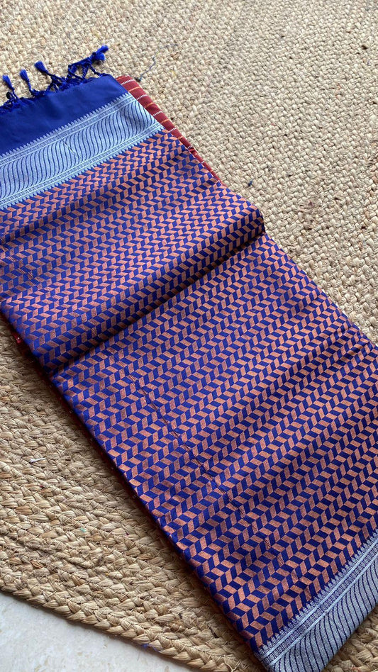 Maroon and Blue Silk saree with blouse - Threads