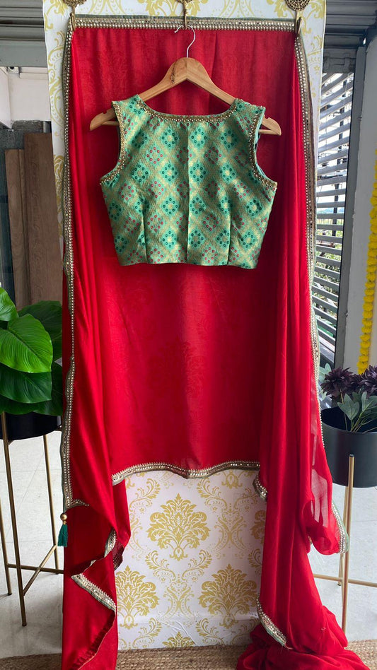 Deep red marble saree with hand worked blouse - Threads