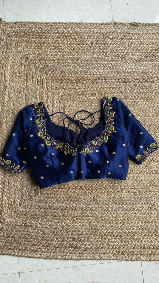 Midnight blue silk embroidery hand worked blouse - Threads