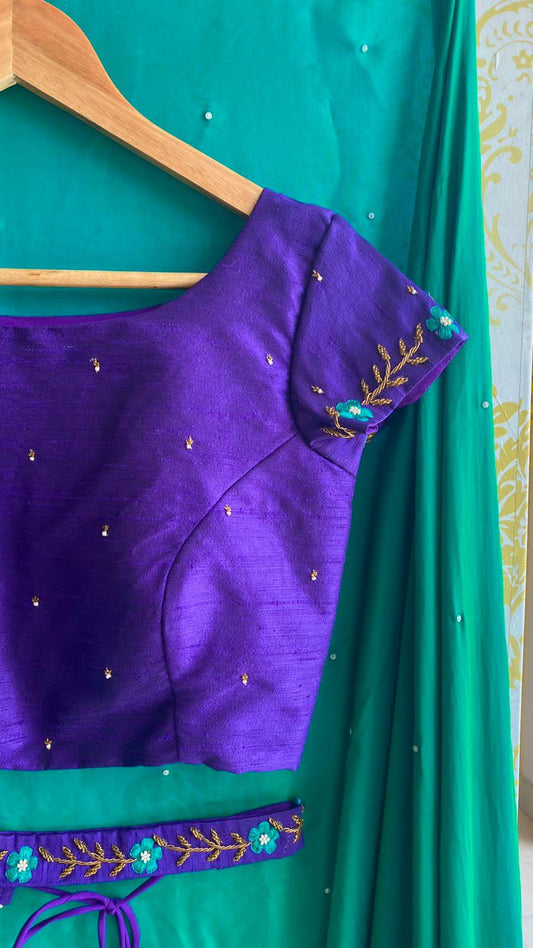 Peacock dual shade malai silk saree with purple blouse - Threads