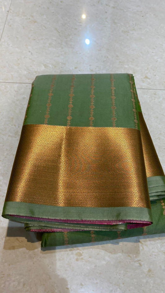 Western green and pink silk saree with blouse - Threads