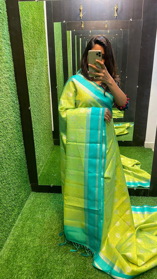 Parrot green dual shaded silk saree with blouse - Threads