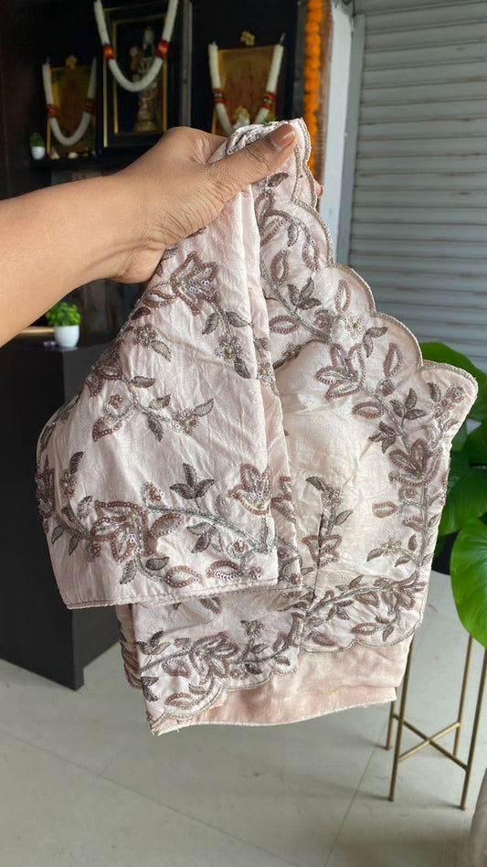 Grey organza saree with hand worked embroidery peach blouse - Threads