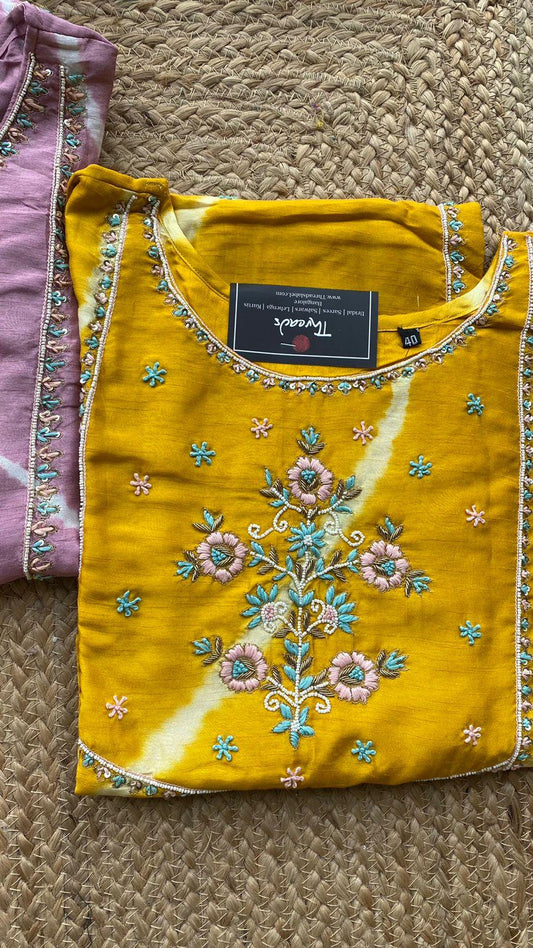 Yellow chinnon hand worked embroidery 3 piece kurti set - Threads