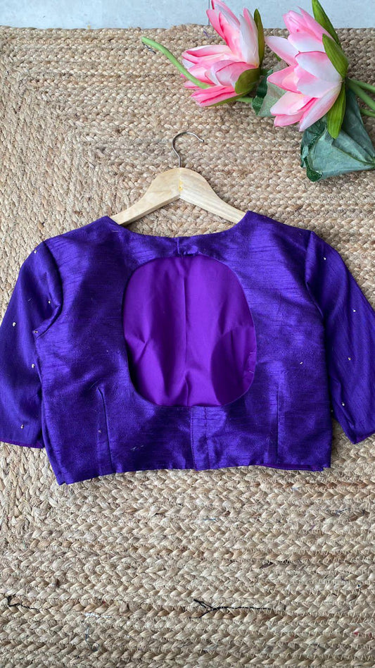 Purple Silk Jewel Neck hand worked blouse - Threads