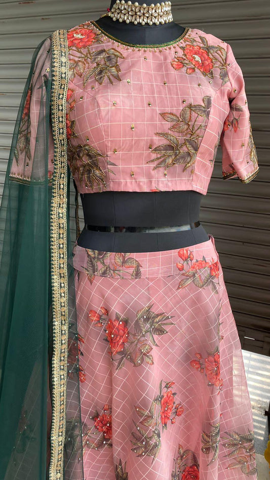 Peach Floral organza embroidery hand worked lehenga - Threads