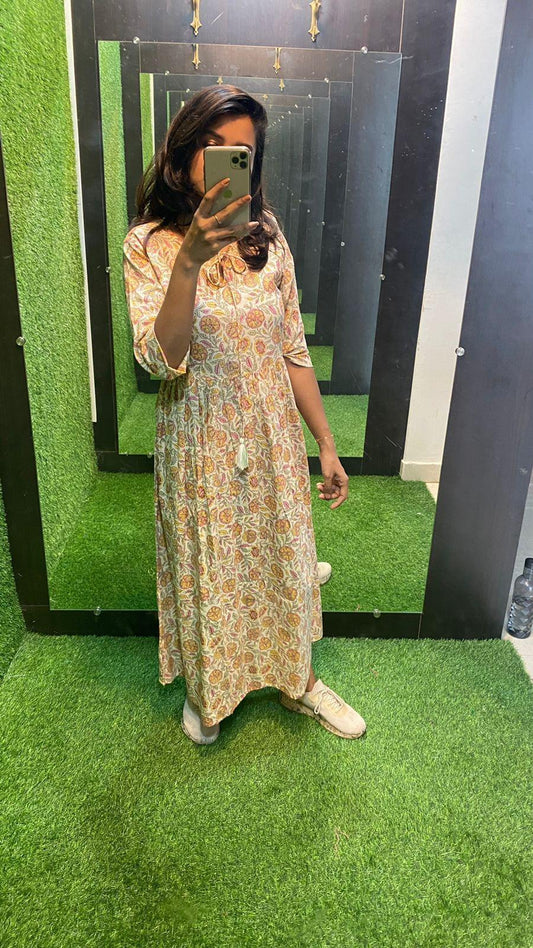Beige Cotton printed maxi kurti top