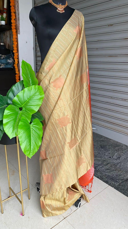 Beige and orange Silk saree with blouse