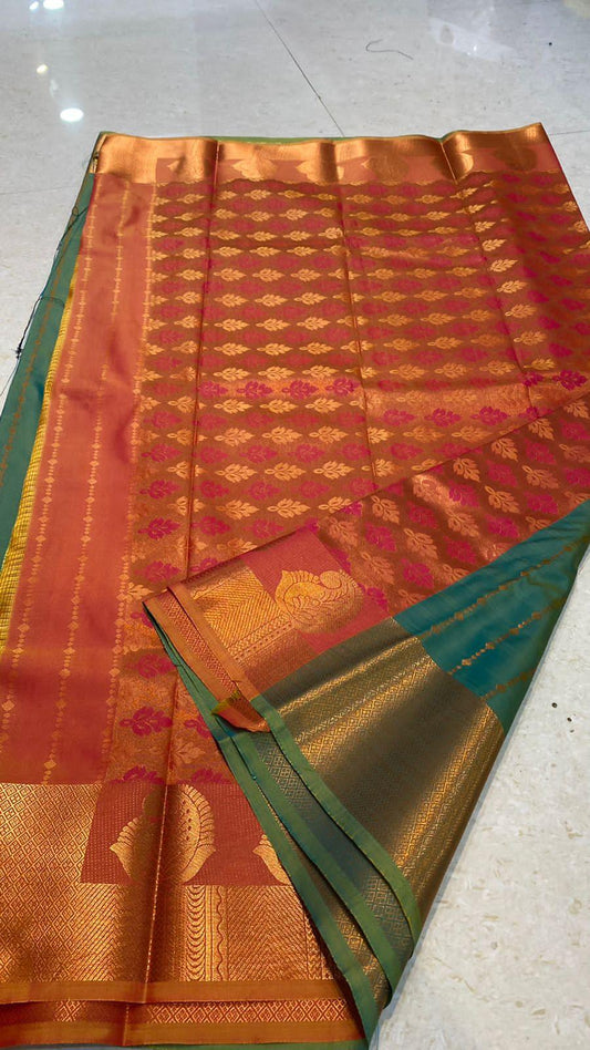 Green and orange silk saree with blouse - Threads