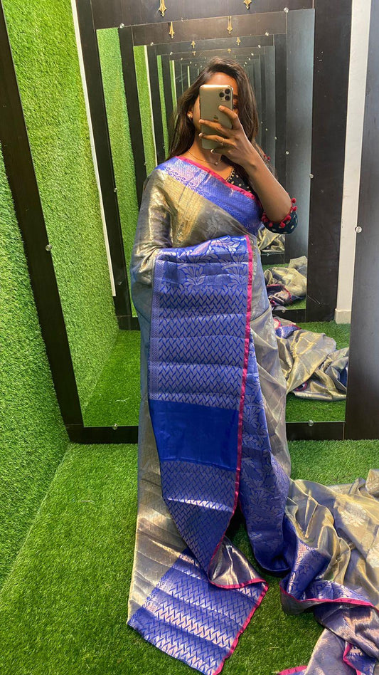 silver grey and blue silk saree with blouse - Threads