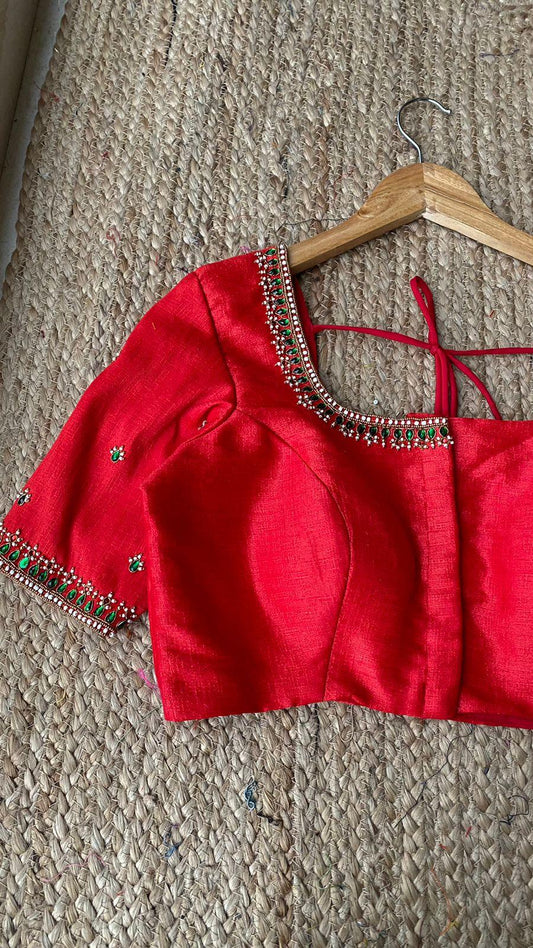 Red silk heavy hand worked blouse - Threads