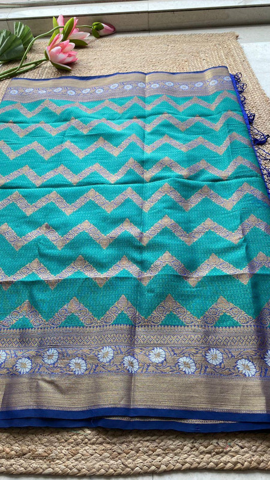 Sea blue silk chanderi saree with blouse - Threads
