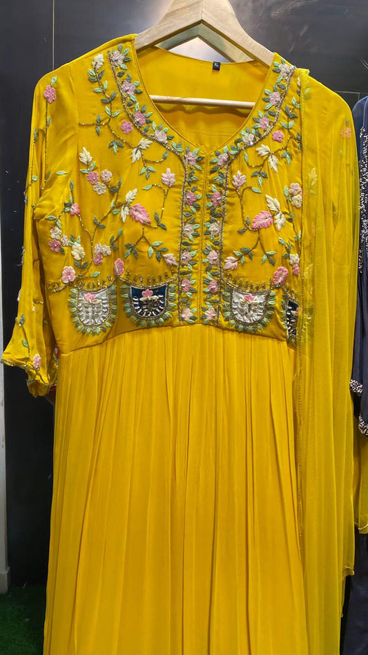 Yellow georgette hand worked gown 2 piece kurti - Threads