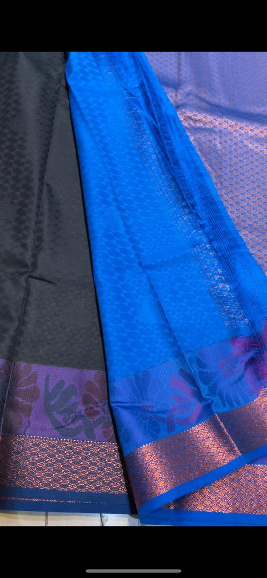 Dual shaded black and blue silk saree with blouse - Threads