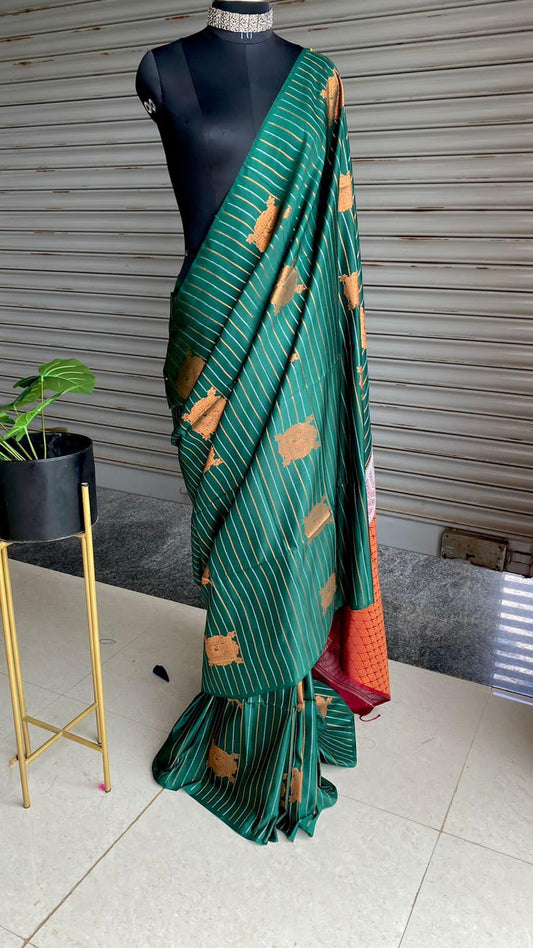 Bottle green and orange Silk saree with blouse - Threads