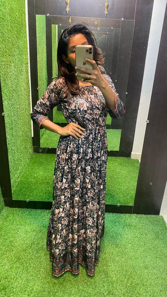 Pure muggu silk floral embroidery gown - Threads