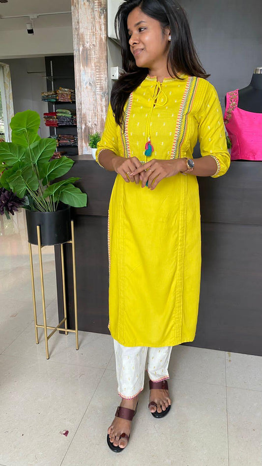 Yellow pure rayon cotton embroidery 2 piece kurti set - Threads