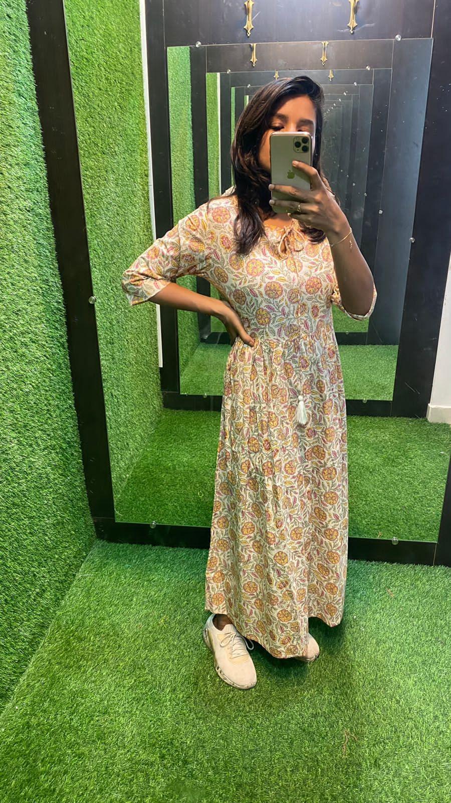 Beige Cotton printed maxi kurti top