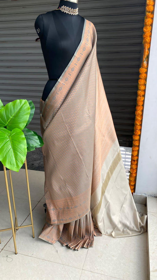 Grey and peach Silk saree with blouse - Threads