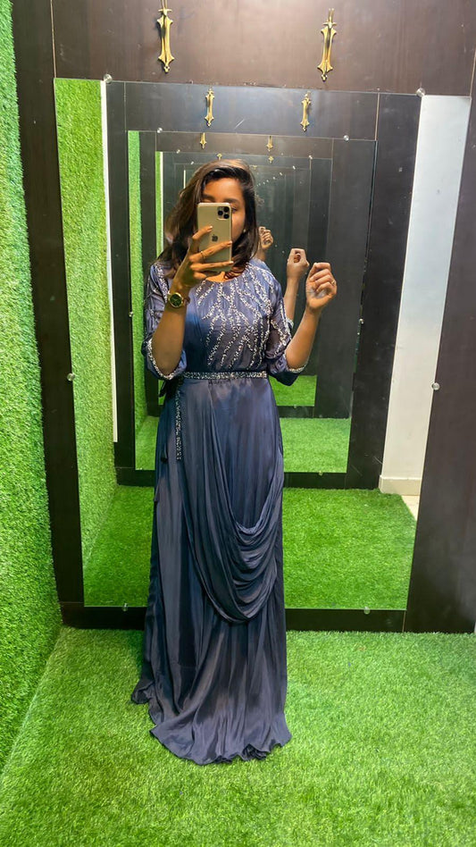 Deep grey silk PRE draped gown - Threads