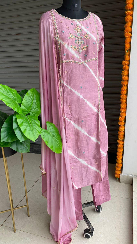 Pink chinnon hand worked embroidery 3 piece kurti set - Threads