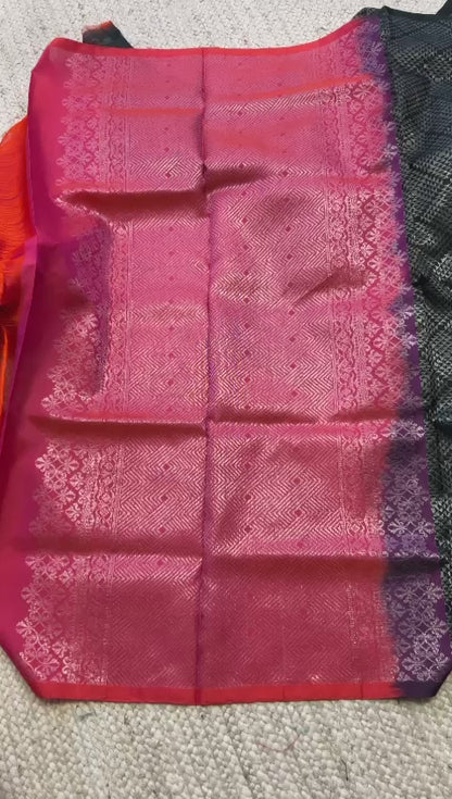 Black and orange matrix kanchipuram silk saree with blouse