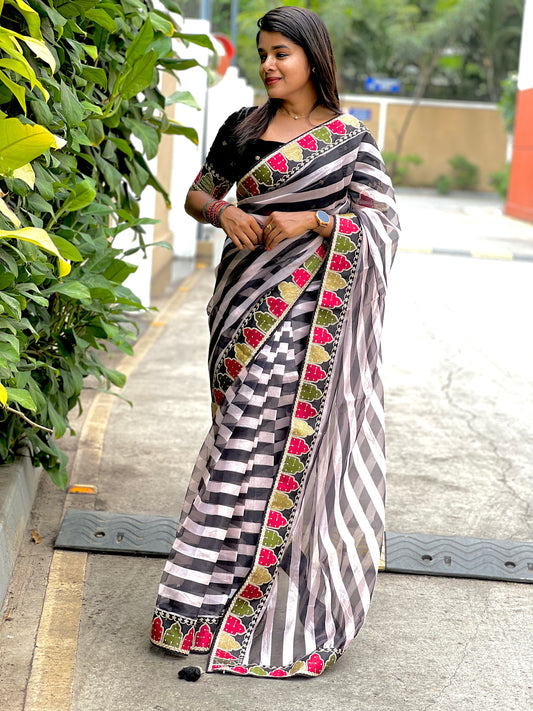 Black and white organza saree with embroidered blouse