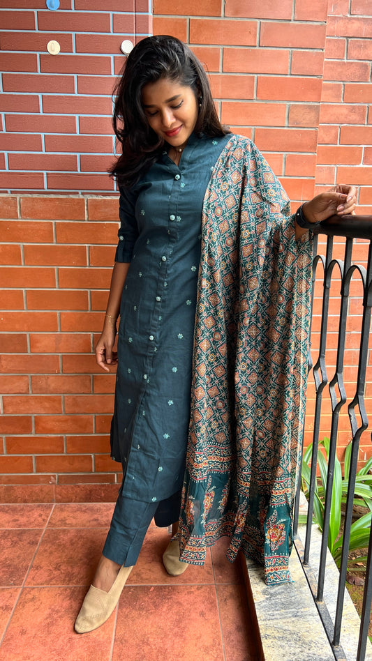 Bottle Green silk embroidery hand worked 3 piece kurti set - Threads