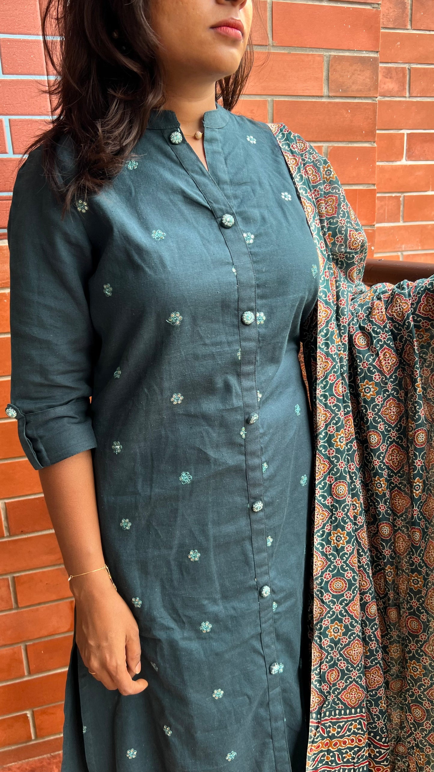 Bottle Green silk embroidery hand worked 3 piece kurti set - Threads