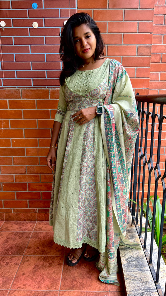 Light green cotton embroidery hand worked 3 piece kurti set - Threads