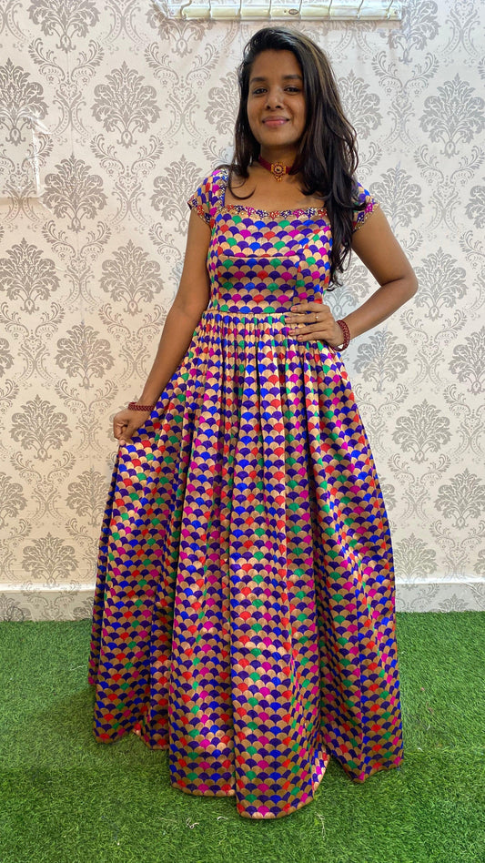 Multicolour Silk Party Wear Gown - Threads