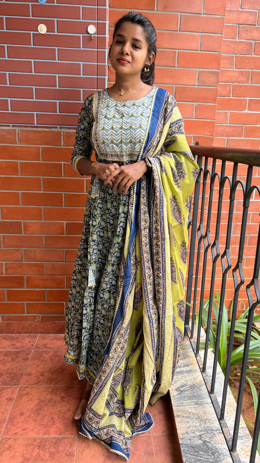 Blue & yellow cotton embroidery hand worked 3 piece kurti set - Threads