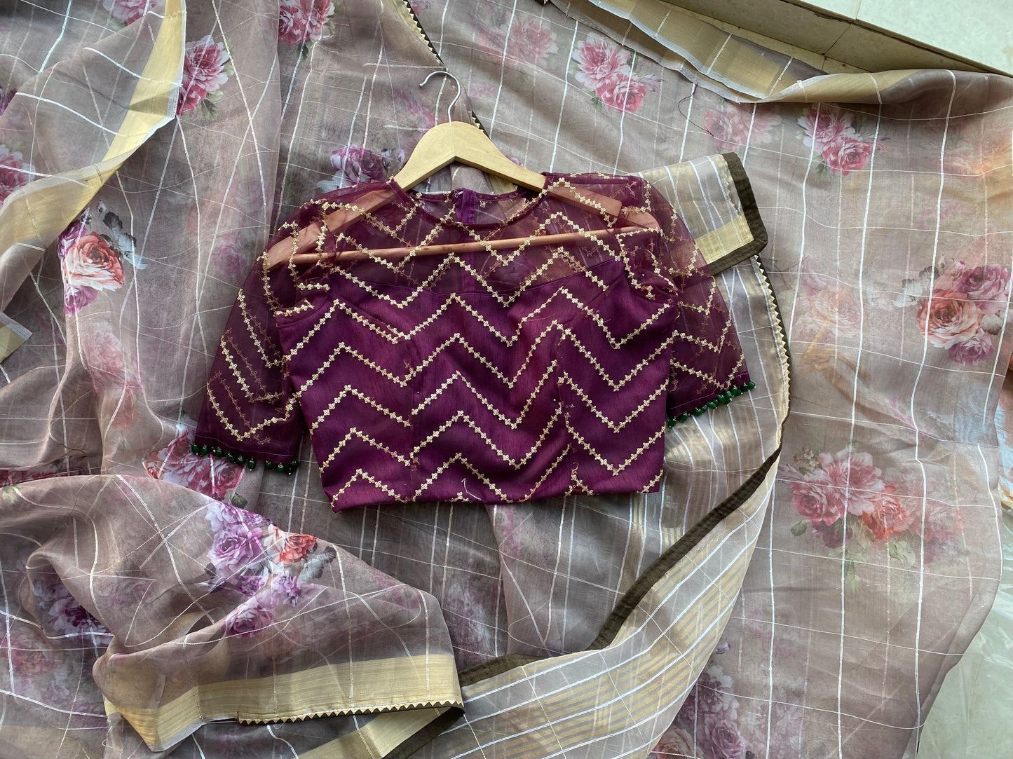 Floral organza saree with netted hand worked blouse - Threads