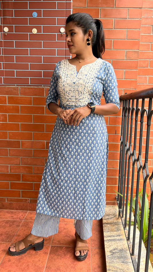 Grey & white embroidery hand worked 2 piece kurti set - Threads