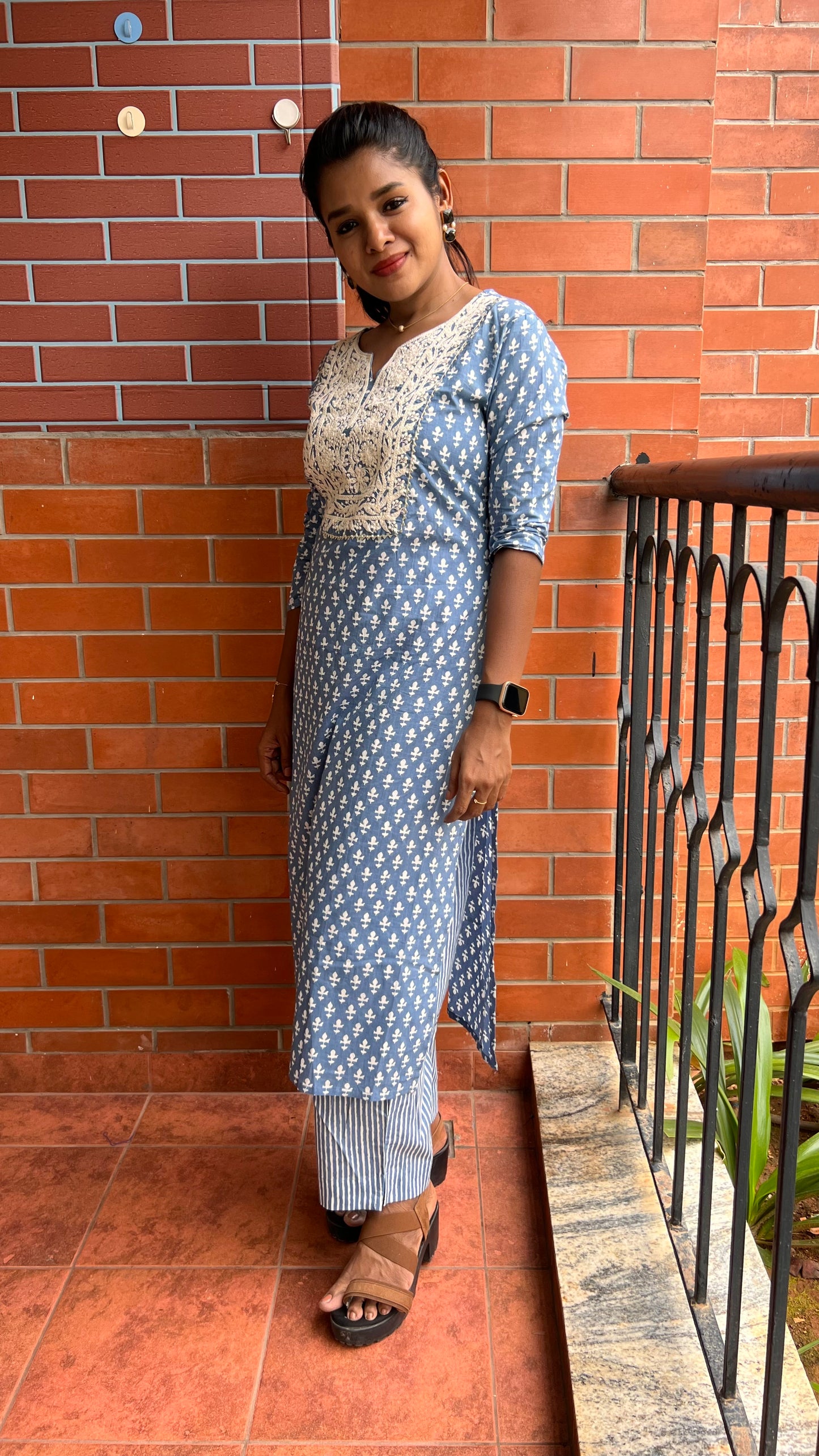 Grey & white embroidery hand worked 2 piece kurti set - Threads