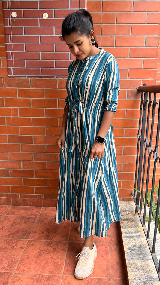 Blue and white stripe embroidery hand worked kurti top - Threads